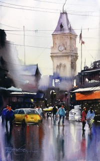 Sarfraz Musawir, Express Tower- Karachi,  09 x15 Inch, Watercolor on Paper, Cityscape Painting, AC-SAR-084
